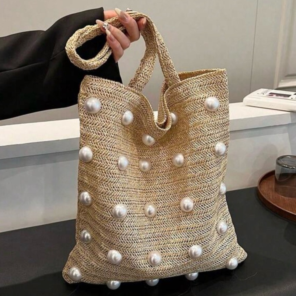 "Sandy" Pearl-Embellished Tan Weaved Tote Bag! NWOT - Picture 6 of 9